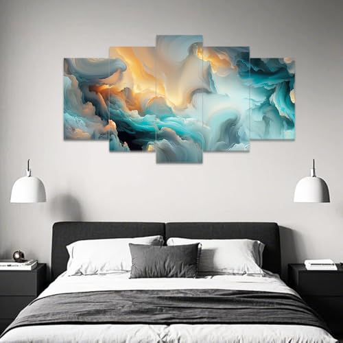 ZXHYWYM Teal Abstract Wall Art 5 Pieces Turquoise Wall Canvas Pictures Prints Modern Abstract Home Wall Decor for Living Room Bedroom Office Framed (Size 2) - color: Gray, size: 12"x16"x2 12"x24"x2 12"x32"x1