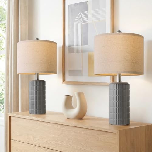PoKat 20.75'' Ceramic Small Table Lamps for Bedroom, Modern Dark Gray Bedside Lamps Set of 2, Farmhouse Lamps for Living Room with Linen Lampshade for Night Stands Guest Room Side End Table Console - color: Dark Grey
