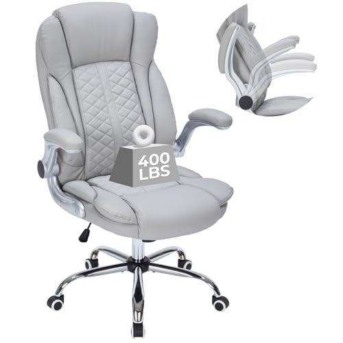 400lbs Executive Office Chair with Flip-Up Armrests, Big and Tall Computer Chair for Heavy People, Heavy Duty Ergonomic Comfy Chair, Breathable PU Leather (Grey) - color: Grey