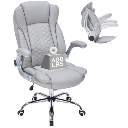 400lbs Executive Office Chair with Flip-Up Armrests, Big and Tall Computer Chair for Heavy People, Heavy Duty Ergonomic Comfy Chair, Breathable PU Leather (Grey) - color: Grey