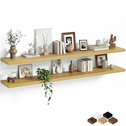 Fun Memories Floating Shelves for Wall, 66 Inch Long Set of 2 Rustic Wood Wall Shelves with Invisible Brackets, Heavy Duty Storage Display for Living Room Bedroom Kitchen, Oak - color: Oak, size: 8"D x 66"L - 2Pack