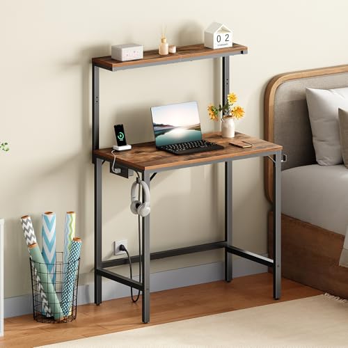 HOOBRO Small Computer Desk, 28.3" Desk for Small Spaces, Office Desk with Power Outlet & Adjustable Monitor Stand, Compact Desk with Storage, Writing Table for Bedroom, Office, Rustic Brown BF38UDN01 - color: Rustic Brown + Black