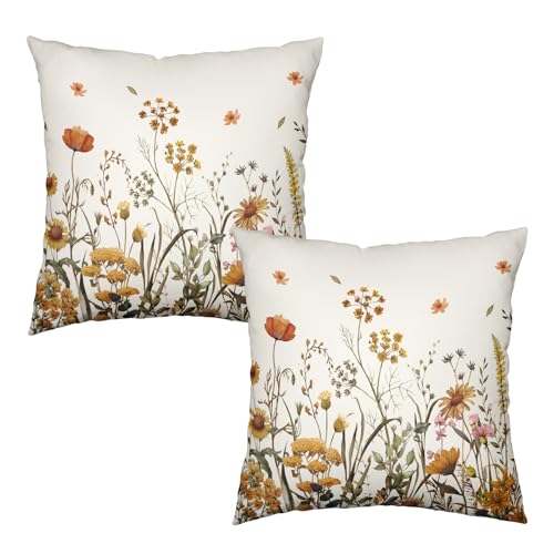Fall Floral Outdoor Pillow Covers 16x16 Set of 2 Burnt Orange Wild Flowers Throw Pillows Case Autumn Colored Wildflower Decorative Farmhouse Cushion Covers for Sofa Couch - color: Fall Floral, size: 16" x 16" (Pack of 2)
