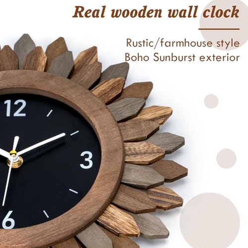 Wall Clock Battery Operated 12 in Rustic Wood Boho Sunburst Decorative Wall Clock Silent Non Ticking Farmhouse Small Wall Clocks for Living Room Kitchen Bathroom Bedroom Decor (Tricolor) - color: Tricolor, size: 12 Inch