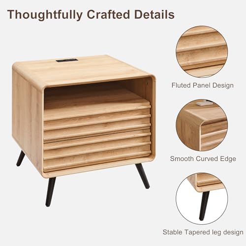 RedLemon 24" Fluted Nightstand with Charge Station, 2 Drawers, Oak | Mid Century Modern, 2 Drawers & Open Cubby Storage, P2 Engineered Wood, Smooth Slides, Easy Assembly, Charge Station