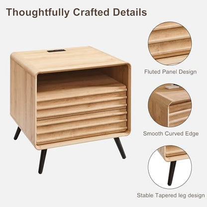 RedLemon 24" Fluted Nightstand with Charge Station, 2 Drawers, Oak | Mid Century Modern, 2 Drawers & Open Cubby Storage, P2 Engineered Wood, Smooth Slides, Easy Assembly, Charge Station
