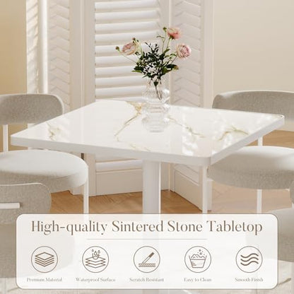 31.5'' Tulip Table, Square Dining Table with Glossy Sintered Stone Tabletop | White Aluminum Alloy Edge & Pedestal, Small Bistro Table for Dining Room/Café/Small Spaces/Restaurant (Calacatta Gold) - color: Calacatta Gold (White Edge), size: Square