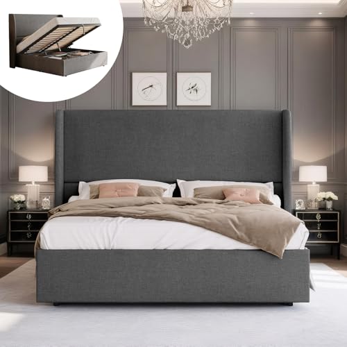 Lift Up Storage Bed Queen Size Upholstered Platform Bed Frame with Hydraulic Storage/Modern Wingback Headboard/No Box Spring Needed/Dark Grey - color: Dark Grey, size: Queen (U.S. Standard)
