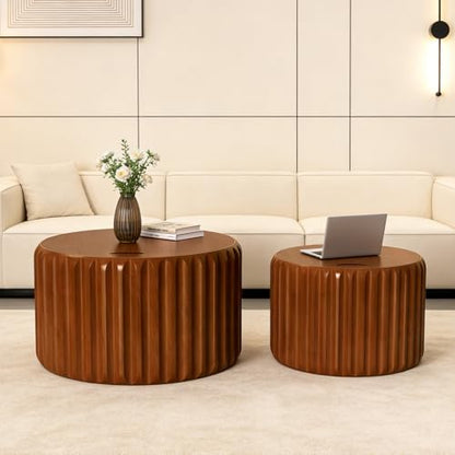 Round Nesting Coffee Tables Set of 2, Walnut | Hidden Storage, Solid Wood Fluted, No Assembly Required, Mid-Century Modern Stackable, For Living Room, Bedroom, Balcony - color: Walnut