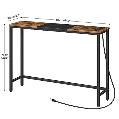 HOOBRO Narrow Console Table with Power Outlets, 44.9 Inches Sofa Table, Slim Behind Couch Table, Entryway Table with Display Shelf, for Living Room, Foyer, Hallway, Rustic Brown and Black BF114UXG01 - color: Rustic Brown + Black