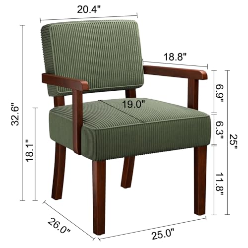 Corduroy Accent Chair, Armchair with Solid Wood Frame and Legs | Mid Century Modern Living Room Chair, Upholstered Reading Leisure Chair for Bedroom,Office,Waiting Room, Green - color: Corduroy Green, size: One Chair