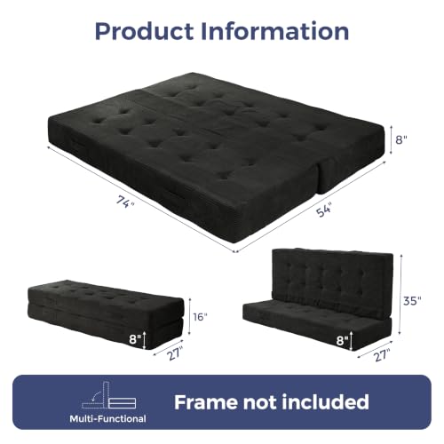 MAXYOYO Foldable Mattress, 8-Inch Tufted Futon Mattress with Handles | Tufted Floor Sofa Bed and Versatile Mattress, Carry Handles for Living Rooms or Guest Rooms, Frame Not Included, Black - color: Black