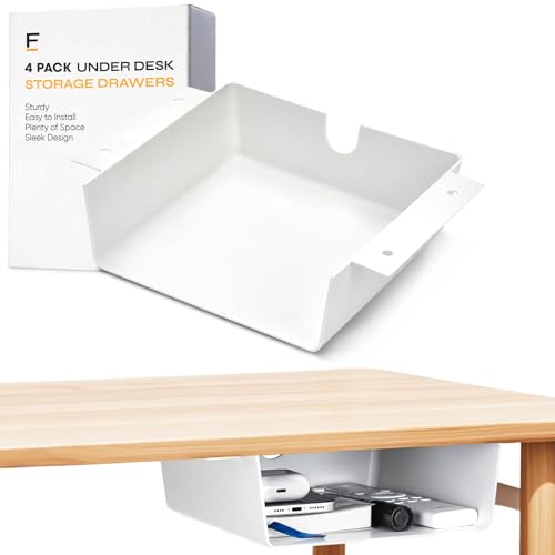 4 Pack Under Desk Hanging Shelf Drawer Organizer, Attachable Plastic Hidden Storage Tray, Easy Adhesive Mount Holder for Standing Tables, Office, Counters, Cabinets, Workstations - White - color: Matte White, size: 4 Pack Large