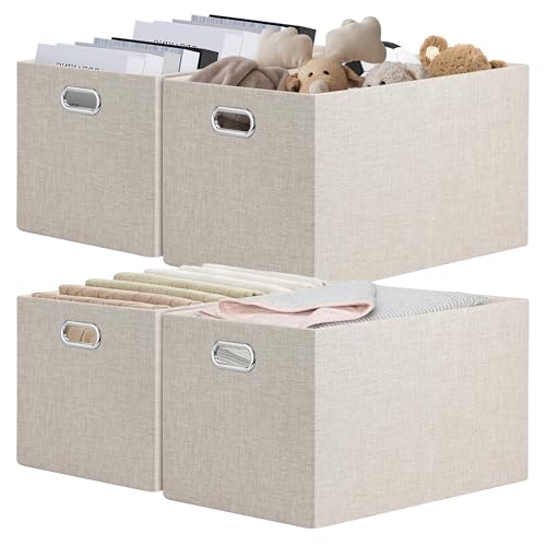 Posprica Closet Storage Bins, 4 Pack Large Closet Shelf Organizers, Linen Fabric Decorative Storage Baskets for Organizing, Foldable Storage Box for Clothes, 16.5x12x10.25 Inch (Beige) - color: Beige, size: 16.5Lx12Wx10.25H