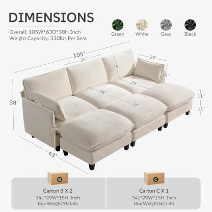 Ihanherry 105" Sleeper Sofa, Modular Sectional Cloud Couch with Oversized Large Cushions & 3 Movable Ottoman, Chenille Deep Seat Couch for Living Room, Beige - color: Beige Cream, size: 105“ 6 Seat Sleeper Sofa