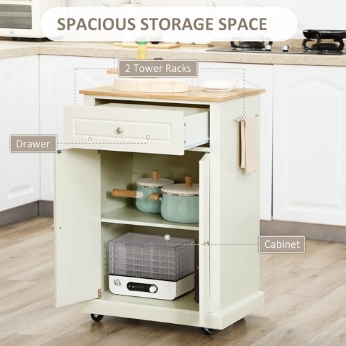 HOMCOM Rolling Kitchen Island Cart, Drawer & Adjustable Shelf, Cream White | Portable Serving Trolley Table, 2 Towel Racks - color: Cream White