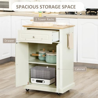 HOMCOM Rolling Kitchen Island Cart, Drawer & Adjustable Shelf, Cream White | Portable Serving Trolley Table, 2 Towel Racks - color: Cream White