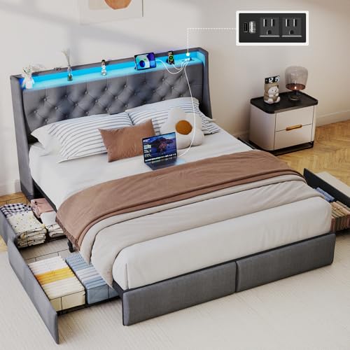 SADENICEL Queen Bed Frame with 4 Storage Drawer, Queen Size Bed Frame, Grey | Headboard with Charging Station and LED Lights, Metal Platform Bed with Storage Shelf, Noise Free, No Box Spring Needed - size: Queen, style: 4 Storage Drawer