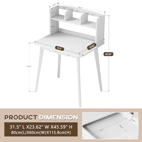 IOTXY Small Writing Desk with Hutch - 31.5" Work Computer Study Table | White , Storage Drawer, Space-saving for Home and Office, with Bookshelves - color: White, size: 31.5-Inch