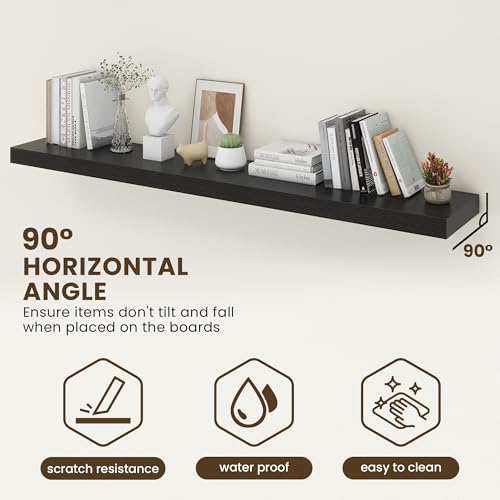 72 Inch Floating Shelves, 12'' Deep Black Shelves for Wall Set of 2 | Invisible Brackets, Engineered Wood, Mounting Hardware Included, 60LBS, Bathroom, Laundry Room, Kitchen, Living Room - color: Black, size: 72W x 11.6D x 2H, 2 Pack
