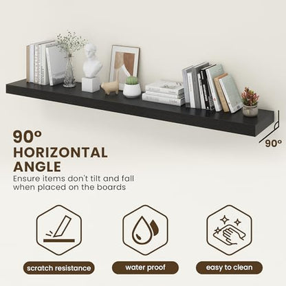 72 Inch Floating Shelves, 12'' Deep Black Shelves for Wall Set of 2 | Invisible Brackets, Engineered Wood, Mounting Hardware Included, 60LBS, Bathroom, Laundry Room, Kitchen, Living Room - color: Black, size: 72W x 11.6D x 2H, 2 Pack