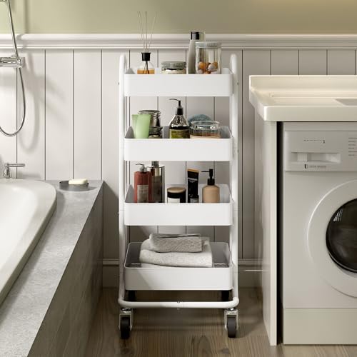 4 Tier Metal Rolling Cart with Wheels,4 Tier Utility Cart with Wheels for Office,Home,Kitchen,Garden（13.4"x18.1"x40"） White - color: White, size: 40"H