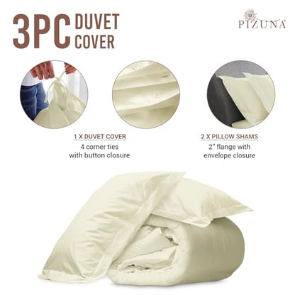 Pizuna 100% Cotton Full Duvet Cover Set 400 Thread Count Off White | Long Staple Combed Cotton Sateen Weave 3 Piece Luxurious Cool Full Comforter Cover with Hidden Button Closure - color: 02 Off White, size: Full