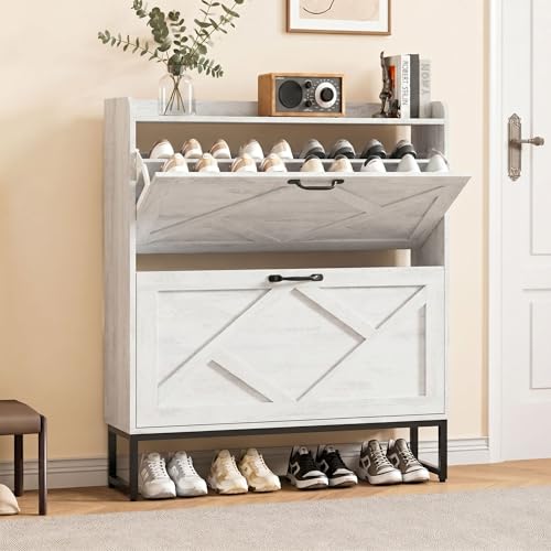Shoe Cabinet Storage for Entryway, Slim Shoe Storage Cabient with 2 Flip Drawers, Narrow Vertical Shoe Rack Cabinet with Metal Hooks, Small Space Solution for Hallway, White - color: White