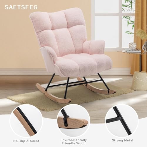 Rocking Chair Nursery Teddy Upholstered Glider Rocker Rocking Accent Chair Padded Seat with High Backrest Armchair Comfy Side Chair for Living Room Bedroom Offices (Pink Teddy) - color: Pink
