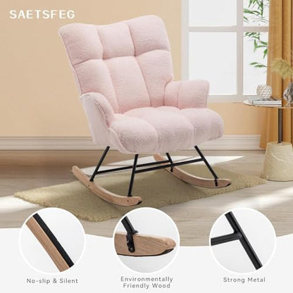 Rocking Chair Nursery Teddy Upholstered Glider Rocker Rocking Accent Chair Padded Seat with High Backrest Armchair Comfy Side Chair for Living Room Bedroom Offices (Pink Teddy) - color: Pink