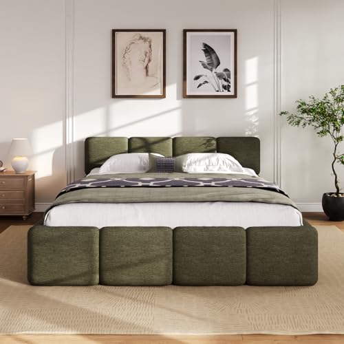 Boucle Upholstered Platform Bed Frame Queen, Linen Grounded Bed with Headboard and Footboard, Block Style Bed for Adults Kids Green - color: Green, size: Queen