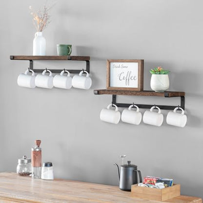 Dahey Coffee Mug Holder Wall Mount with Hooks, 2 Pack Wood Cup Shelf, Brown | Space Saving, Storage & Hanging Design, Fits Utensils Spices Cans, Easy Assembly, Hardware Included, Rustic Bar Kitchen Decor