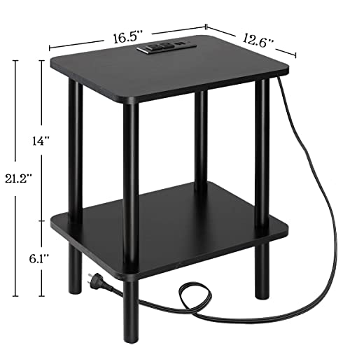 FORAOFUR Black Narrow End Table with Charging Station, 2 Tier Coffee Table | Ultra-narrow 11.8" width fits tight spaces, USB & outlets, sleek black finish, sturdy MDF build, assembles in 15 mins - color: Black