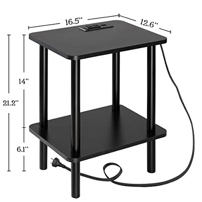 FORAOFUR Black Narrow End Table with Charging Station, 2 Tier Coffee Table | Ultra-narrow 11.8" width fits tight spaces, USB & outlets, sleek black finish, sturdy MDF build, assembles in 15 mins - color: Black
