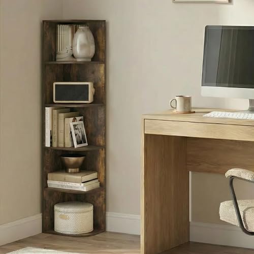 Furinno PASIR Book Shelf, 5-Tier Corner Bookshelf with Open Shelf, Standing Bookcase, 9.3 x 12 x 51.7, for Organization and Storage, for Living Room, Bedroom, Home Office, Amber Pine - color: Amber Pine, size: 5-Tier Corner