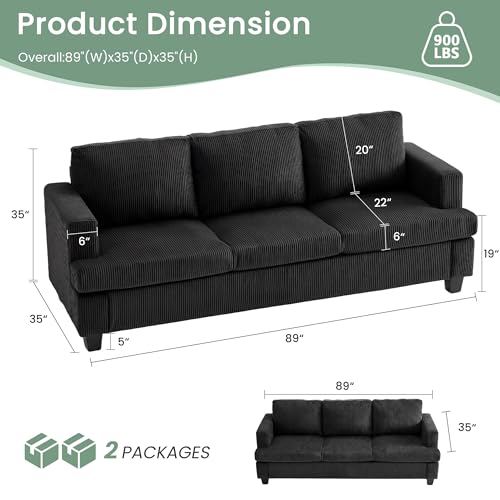 YOUDENOVA 3 Pieces Corduroy Couch Set for Living Room, 8 Seats Cloud Sofa, Deep Seat Floor Couch for Bedroom, Futon Modern Sofa Sectional Bed, Black Corduroy - color: Black Corduroy, size: 3-Seater*2+Loveseat