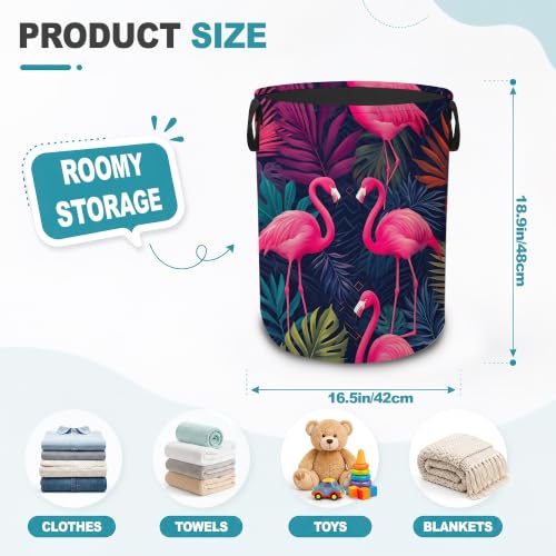 Pink Flamingo Collapsible Laundry Hamper,Tropical Palm Leaves Waterproof Oxford Cloth Clothes Basket with Handles for Bathroom Bedroom Nursery Dorm Room,16" x 20" - color: Pink Flamingo,Tropical Palm Leaves