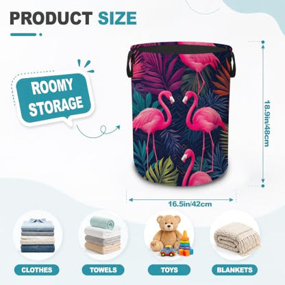 Pink Flamingo Collapsible Laundry Hamper,Tropical Palm Leaves Waterproof Oxford Cloth Clothes Basket with Handles for Bathroom Bedroom Nursery Dorm Room,16" x 20" - color: Pink Flamingo,Tropical Palm Leaves