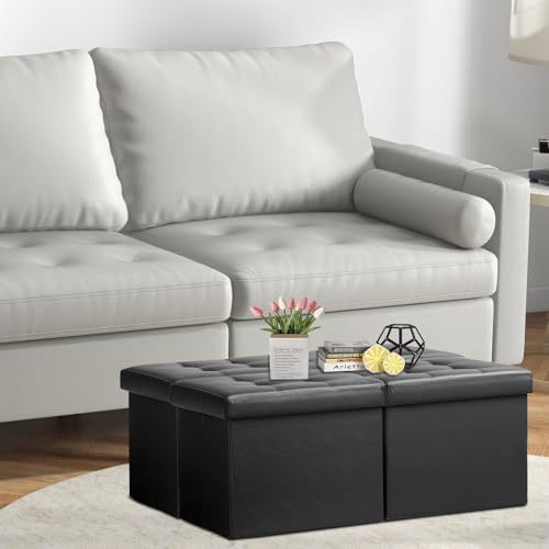 AmasSmile Footrest Ottoman Storage Bench,34" Leather Folding Chest,Black | Large Ottoman with Storage,Thicker Foam Padded Seat,Livingroom,Dorm,Bedroom,Entryway,Easy to install,34 x 13 x 13in - color: Black-leather