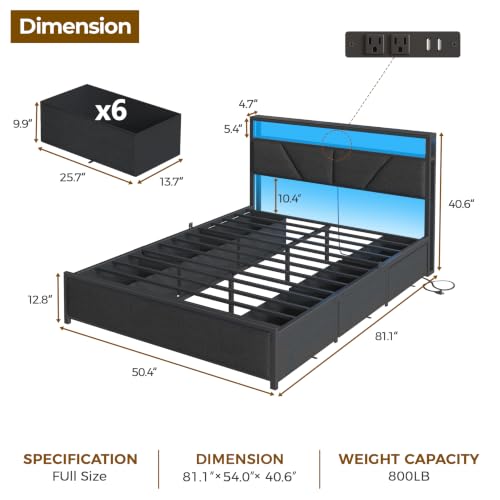 Full Size Bed Frame with Storage Headboard, 6 Drawers, LED&Charging | 2-Tier Fabric Upholstered Headboard, Charging Station&RGB Lights, No Box Spring Needed, easy assembly, Noise-Free - color: Dark Gray, size: Full