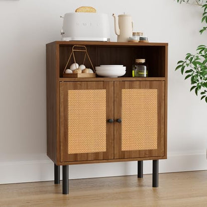 Rattan Storage Cabinet, Boho Accent Cabinet with Double Doors | Small Freestanding Sideboard for Hallway, Laundry Room,Kitchen, Dining Room, Entryway (Walnut) - color: Walnut