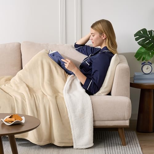 Casual Living Queen Sherpa Blanket, Reversible Fleece, 90" x 90", Beige | Cozy Sherpa Reverse, Oversized Coverage, Hypoallergenic, OEKO-TEX Compliant, Machine Washable, Plush Fleece Face - color: Beige, size: Full/Queen 90 x 90-inch