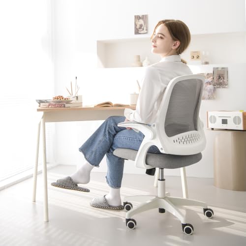 NEO CHAIR Office Desk Chair, Ergonomic Mesh with Flip-Up Armrests, Grey | Lumbar Support, Height Adjustment, 360° Swivel and Rolling Base, Space-Saving Design for Home Office, Vanity or Study - color: Grey