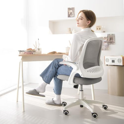 NEO CHAIR Office Desk Chair, Ergonomic Mesh with Flip-Up Armrests, Grey | Lumbar Support, Height Adjustment, 360° Swivel and Rolling Base, Space-Saving Design for Home Office, Vanity or Study - color: Grey