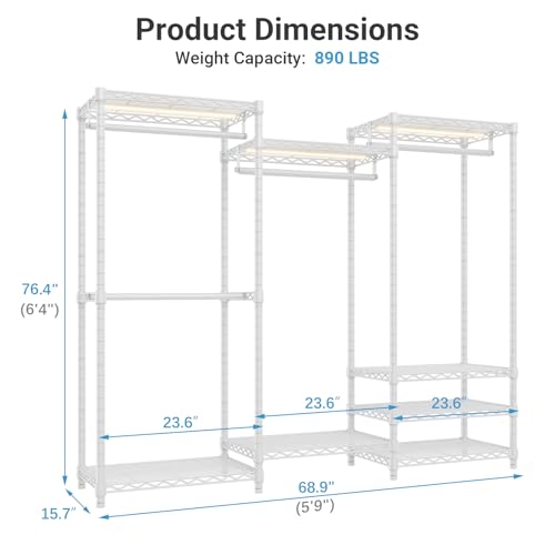 VIPEK V5LC Garment Rack Heavy Duty Covered with Dimmable LED Lights, 3000K Warm White, Portable Closet Wardrobe Freestanding for Hanging Clothes, with Grey Cover - color: White Rack With Grey Cover, style: V5LC