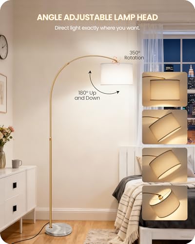 75" Arc Floor Lamp with Marble Base and Adjustable Height, Rotating Hanging Shade, Dimmable Floor Lamp for Living Room with Remote and Foot Switch, 3CCT, Over Couch Arched Light, White Gold DW15LD05 - color: Gold + White