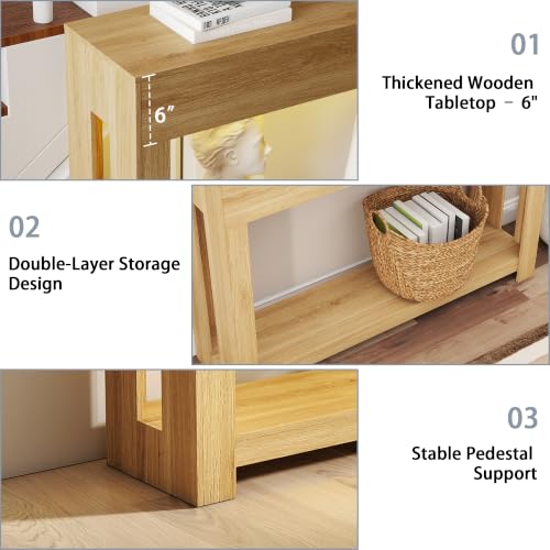Wood Console Table Entryway：47" Oak Narrow Entryway Table with Outlet | Behind the Couch Tables with LED, Modern Console Tables for Hallway, Living Room