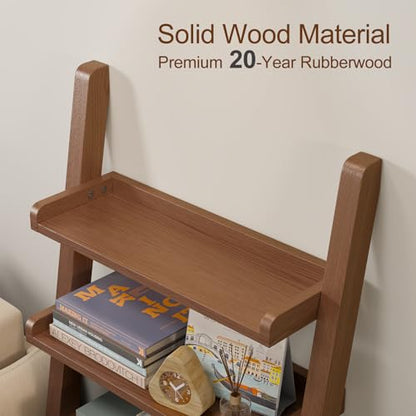 AQIMUELE Walnut Wooden Ladder Shelf with Edges, 5-Tier Modern Leaning Bookshelf Ladder – Stylish Space-Saving Bookcase for Living Room, Bedroom & Home Office - color: Walnut