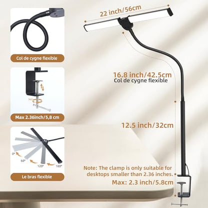 Motumen Led Desk Lamp for Home Office, Eye-Care Desk Light Clamp, Black | Smart Double Head Computer Monitor Table Clip Lamp, Adjustable Flexible Goose-Neck, 25 Lighting Models, Task Lamp - color: Black