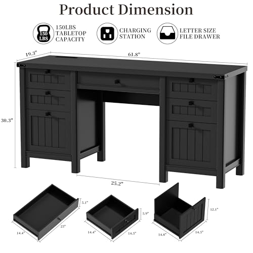 62" Executive Desk Home Office Desk with File Drawer & Cabinet | Farmhouse Computer Desk with Charging Station for Work Study Writing Cabinet Storage Workspace Black - color: Black, size: 62"